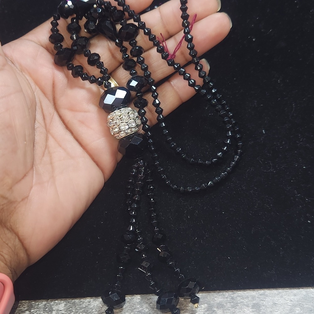 Vintage‎ Black Faceted Bead Lariat Necklace Rhinestone Rondelle Tassel Statement